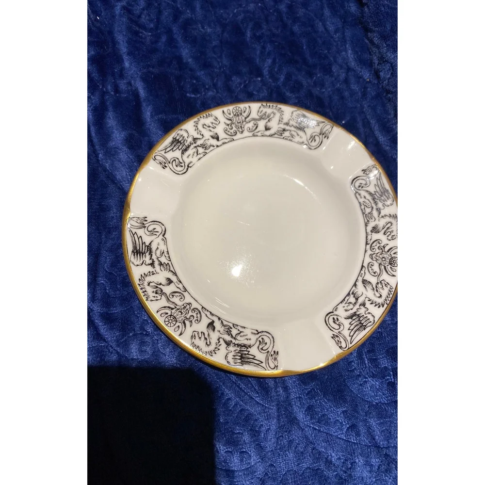 Wedgwood China, Florentine Black W/ Gold Trim 3 Holder Round Ash Tray,